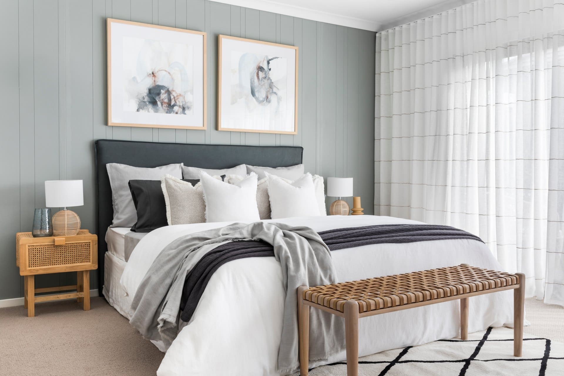 sage green bedroom styling coastal bedroom with rattan bedside table and vj panelling