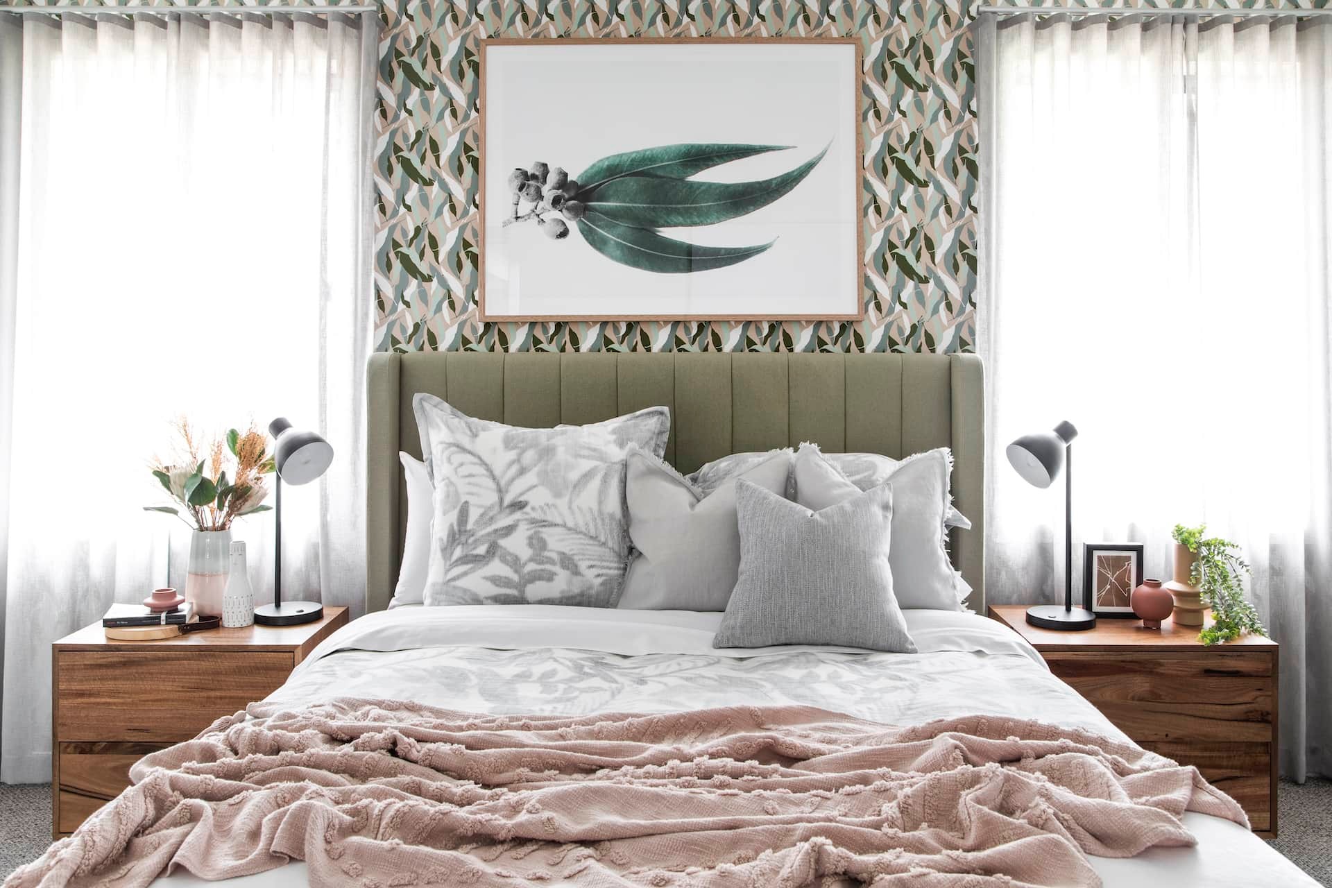sage green bedroom with pink accents australiana interior design eucalyptus wallpaper
