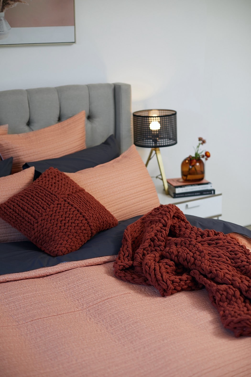 taya terracotta quilt cover set with burnt orange cable knit cushion and throw lorraine lea