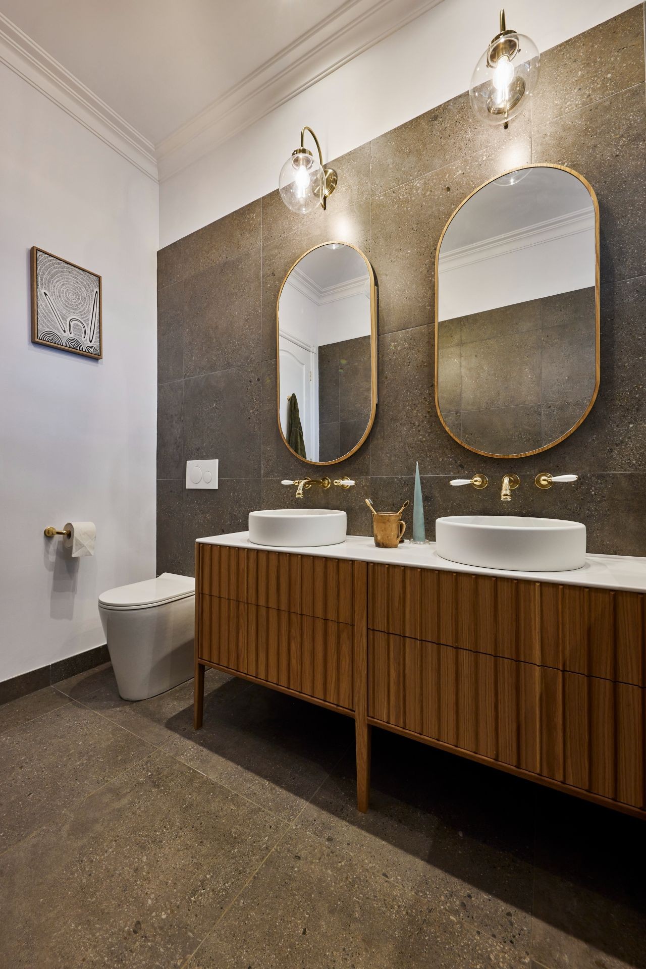 the block 2020 bathroom reveal ankur and sharon bathroom with brass oval mirrors
