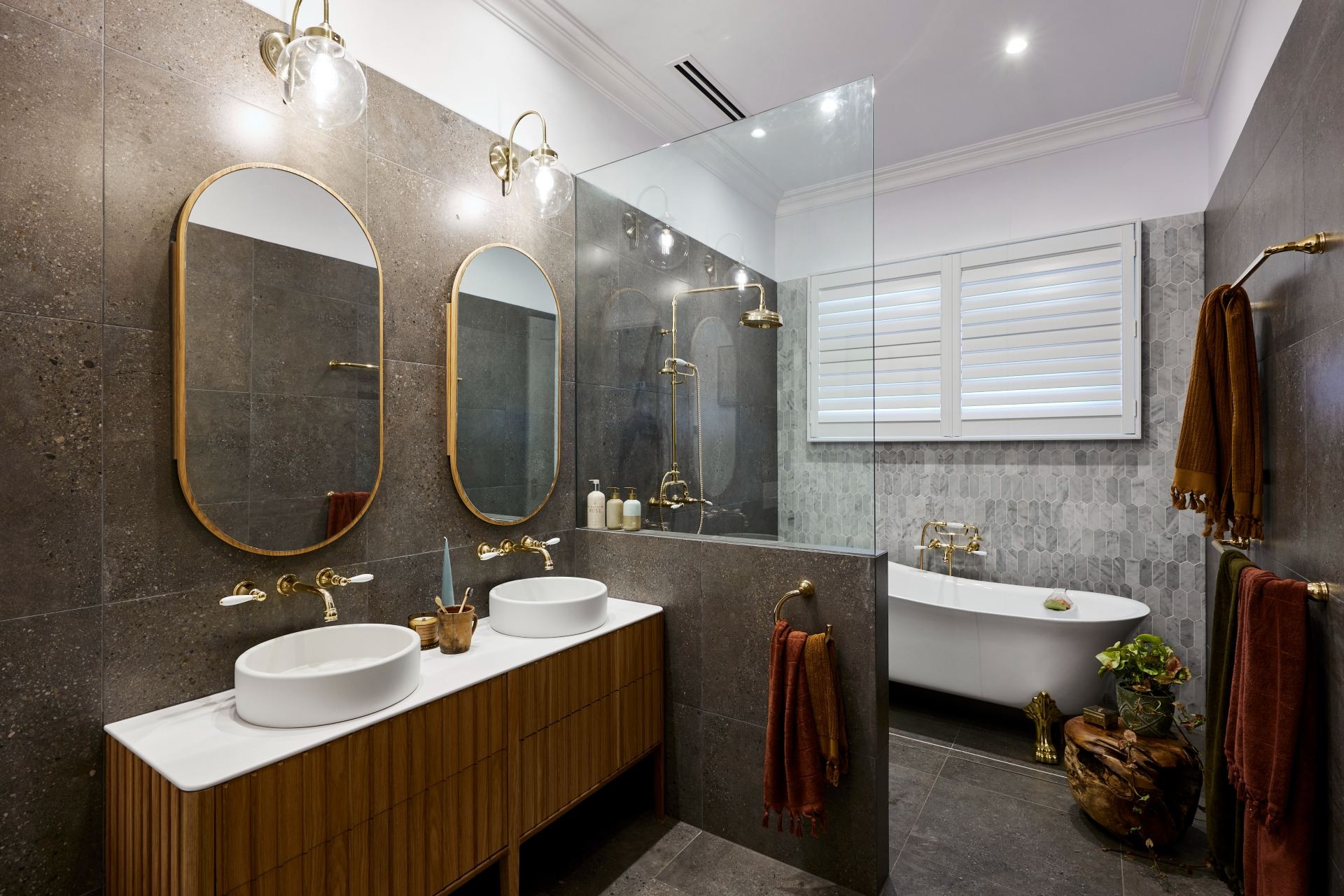 the block 2020 bathroom reveal ankur and sharon dark grey bathroom with vintage brass taps