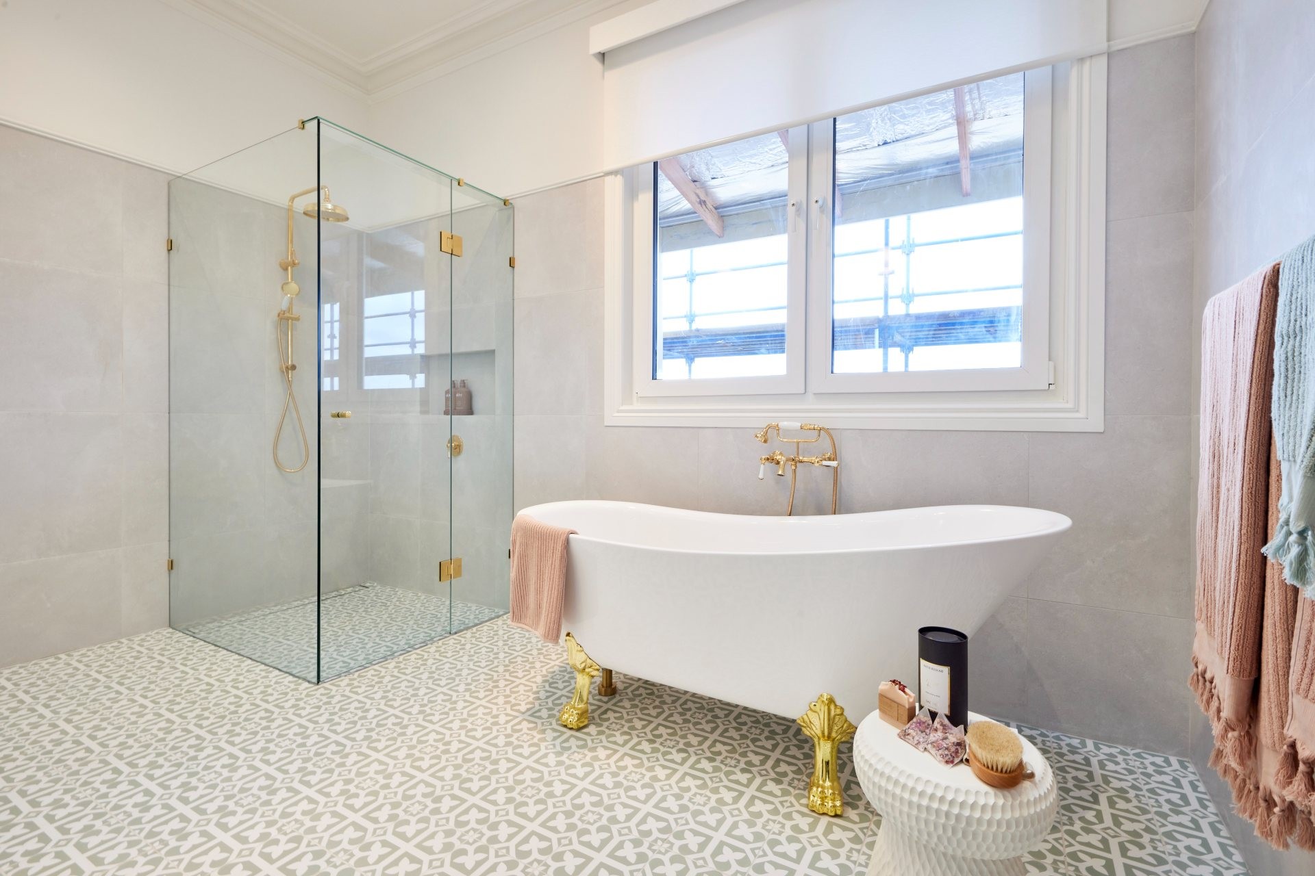 the block 2020 bathroom reveal dylan and jenny bath tub with brass claw foot