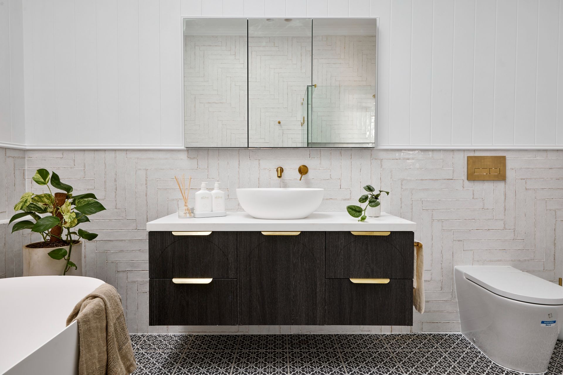 the block 2020 bathroom reveal omar and oz dark brown timber vanity brass handles
