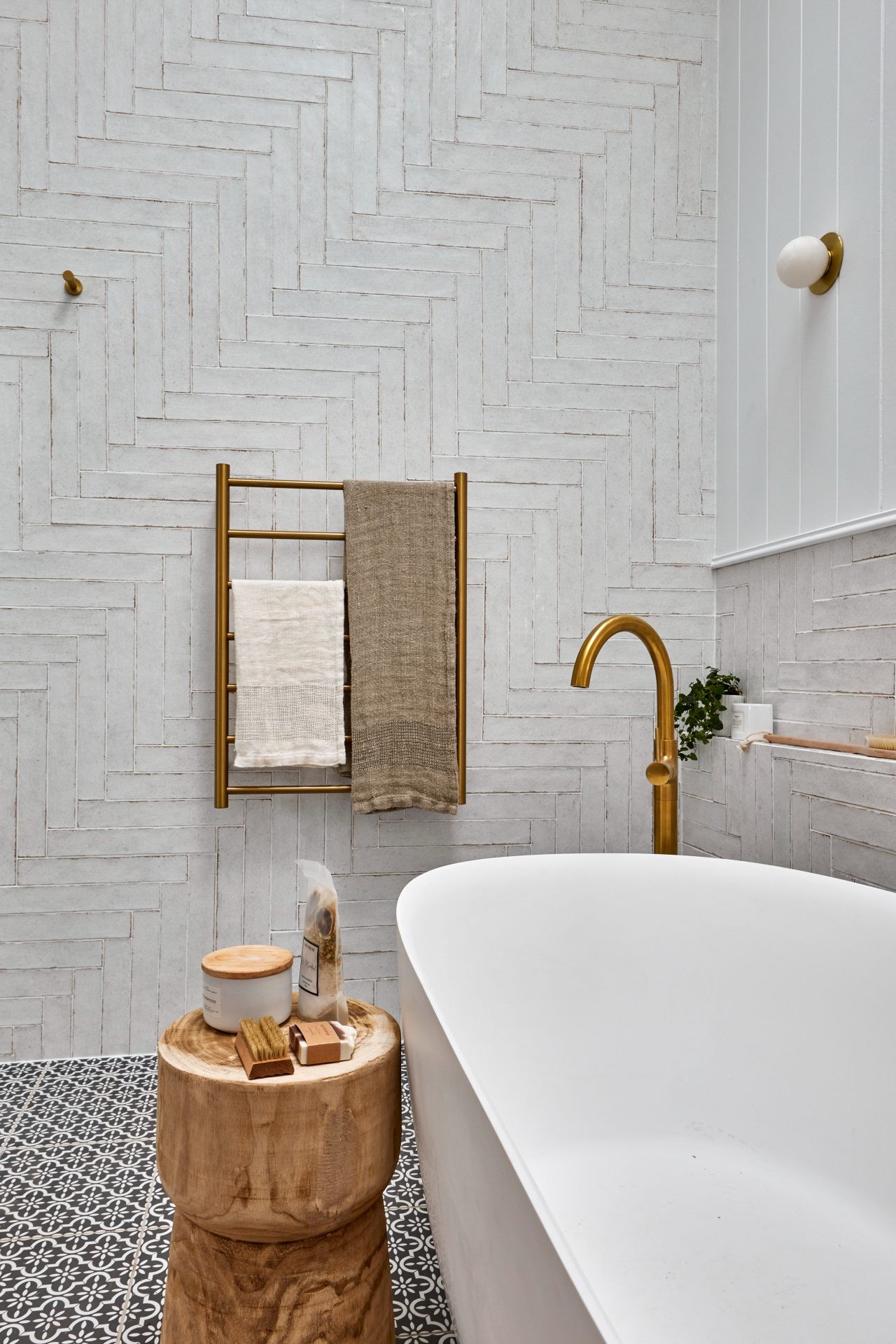 the block 2020 bathroom reveal omar and oz white herringbone tiles