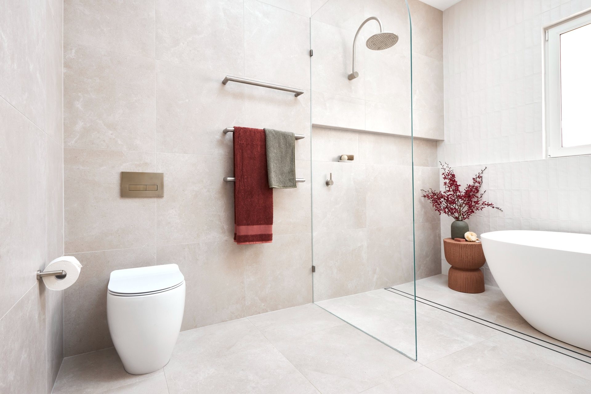 the block 2020 bathroom reveal rachael and ryan bathroom with lgiht grey concrete floor and wall tiles