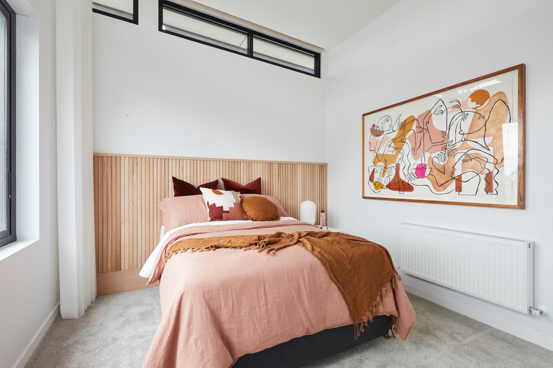 the block 2020 daniel and jade upstairs girls bedroom with timber slat headboard