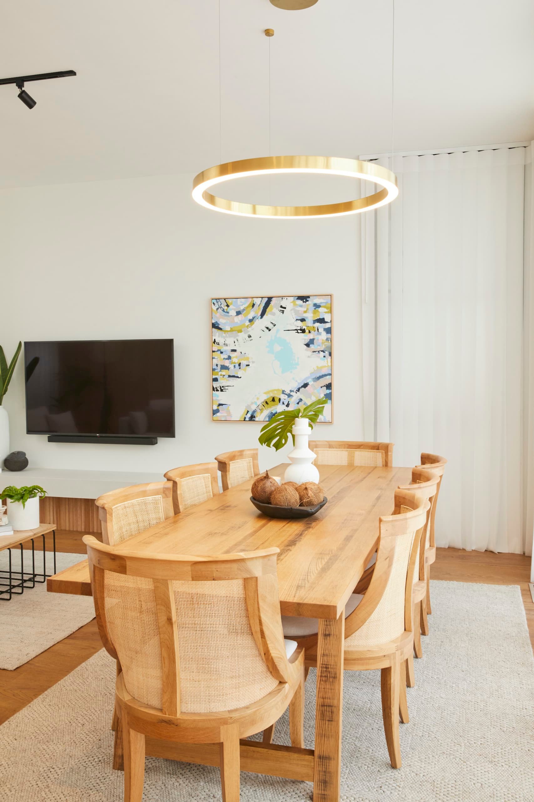 The Block 2020 Luke and Jasmin dining room with halo light pendant above dining table