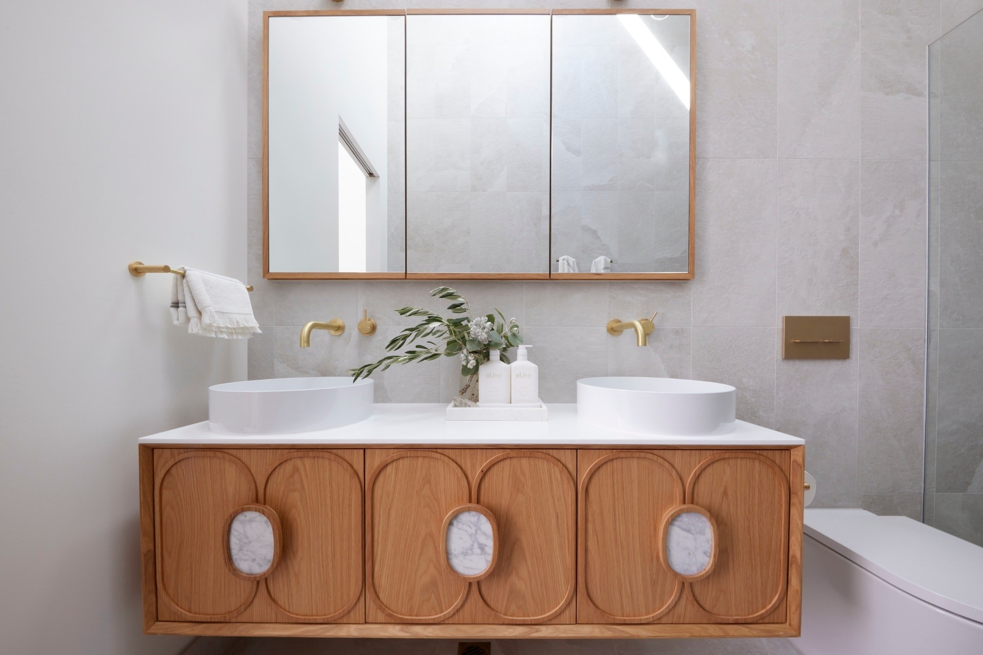 the block 2021 ronnie and georgia master ensuite floating timber vanity from reece