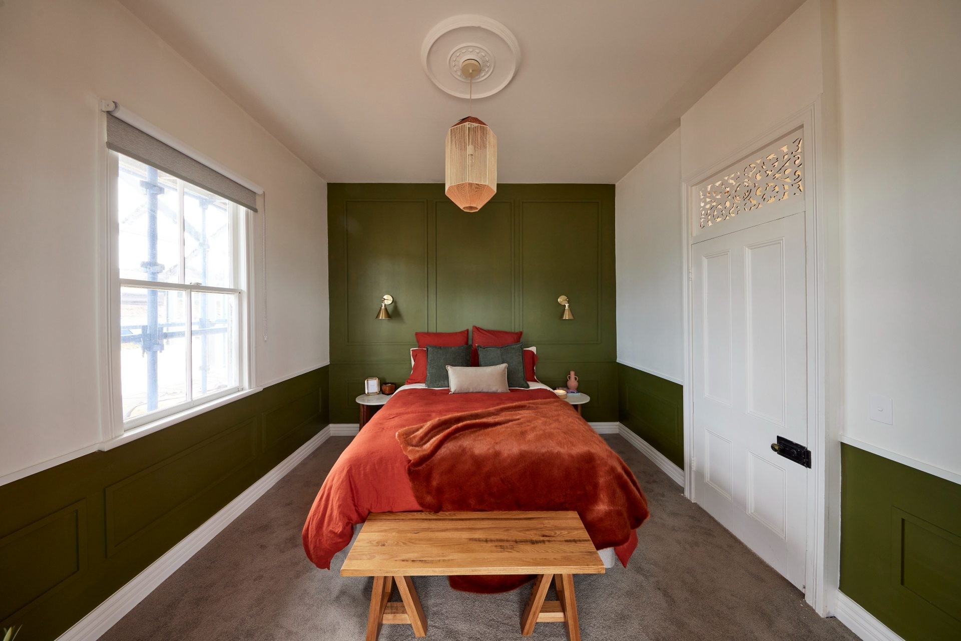 the block 2022 house decider challenge tom and sarah jane bedroom green walls red bedding