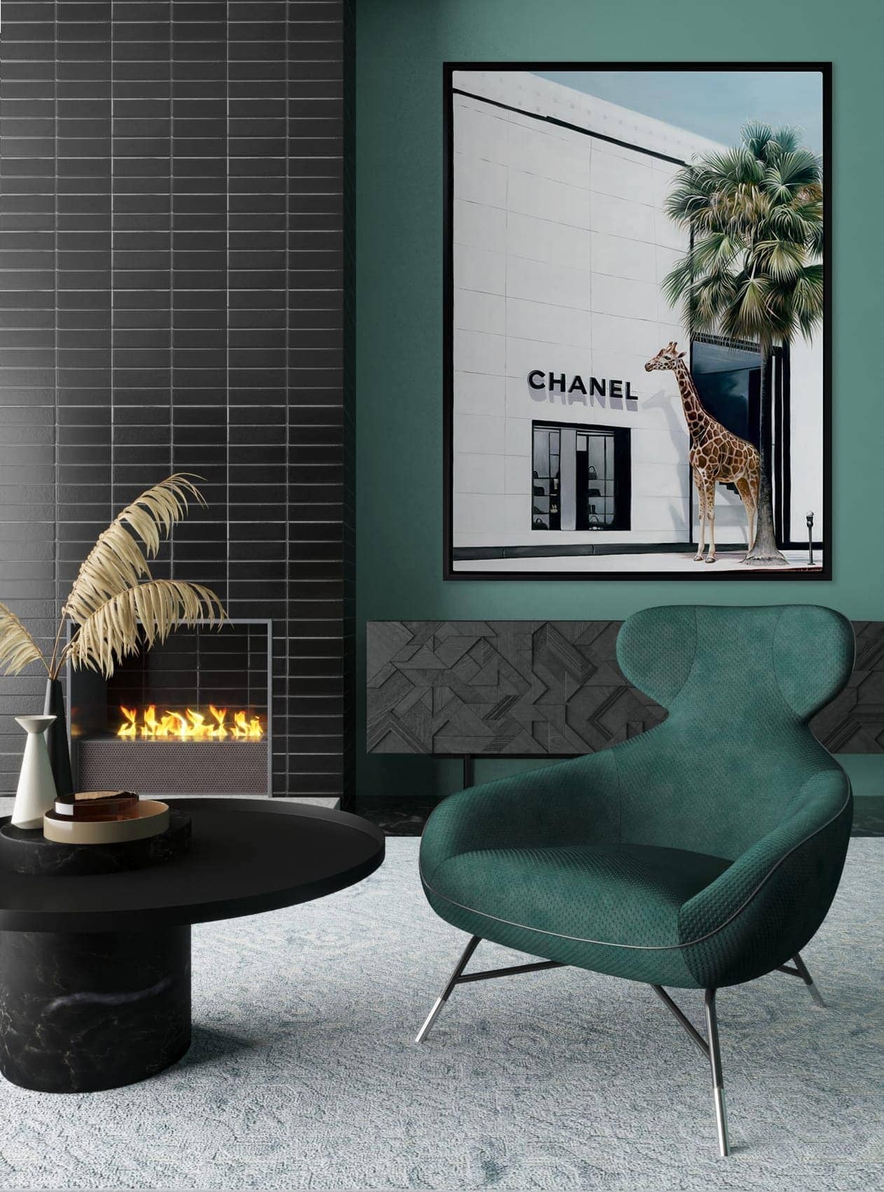 urban road chanel art in living room with emerald green armchair and fireplace